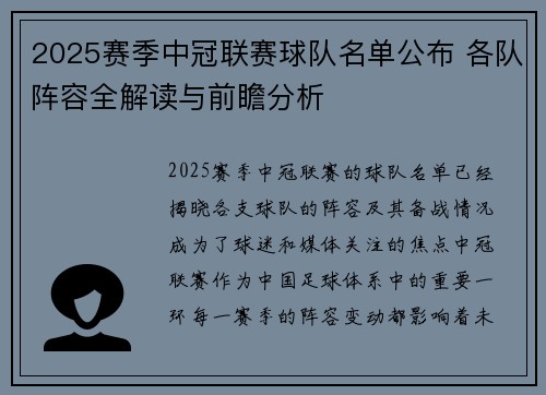 2025赛季中冠联赛球队名单公布 各队阵容全解读与前瞻分析